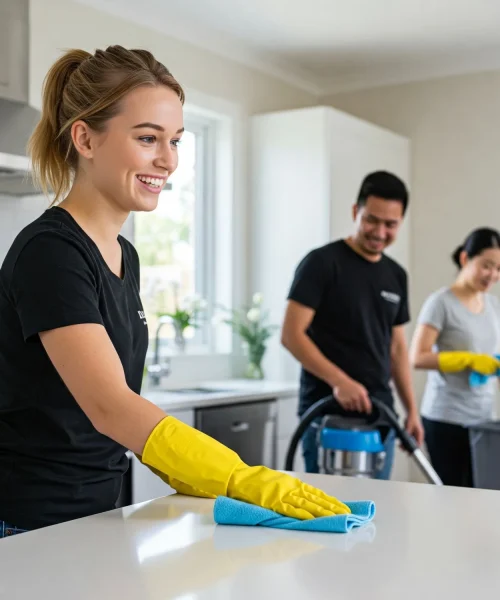 Triangle Luxe Cleaning crew cleaning a modern kitchen in the Triangle, NC